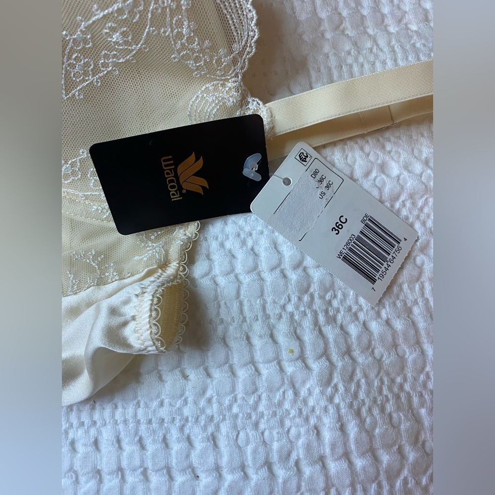 Wacoal 36C 36 C Lace Satin Silk Bra Ivory Off White Lightly Lined Balconette - Picture 4 of 9